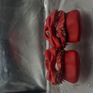 H  Red Leather Moccasins New Born sz3